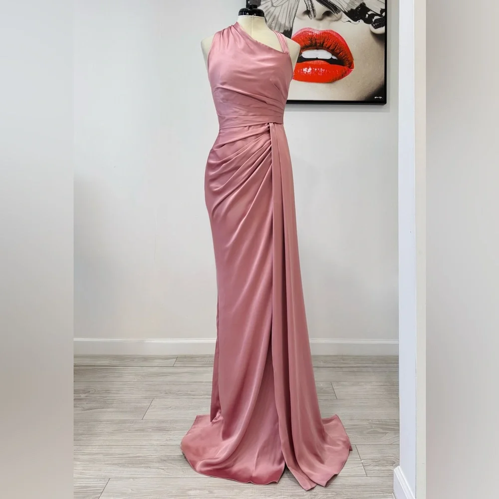 Zuhair Murad Asymmetric Draped Satin Gown Pink Maxi Dress